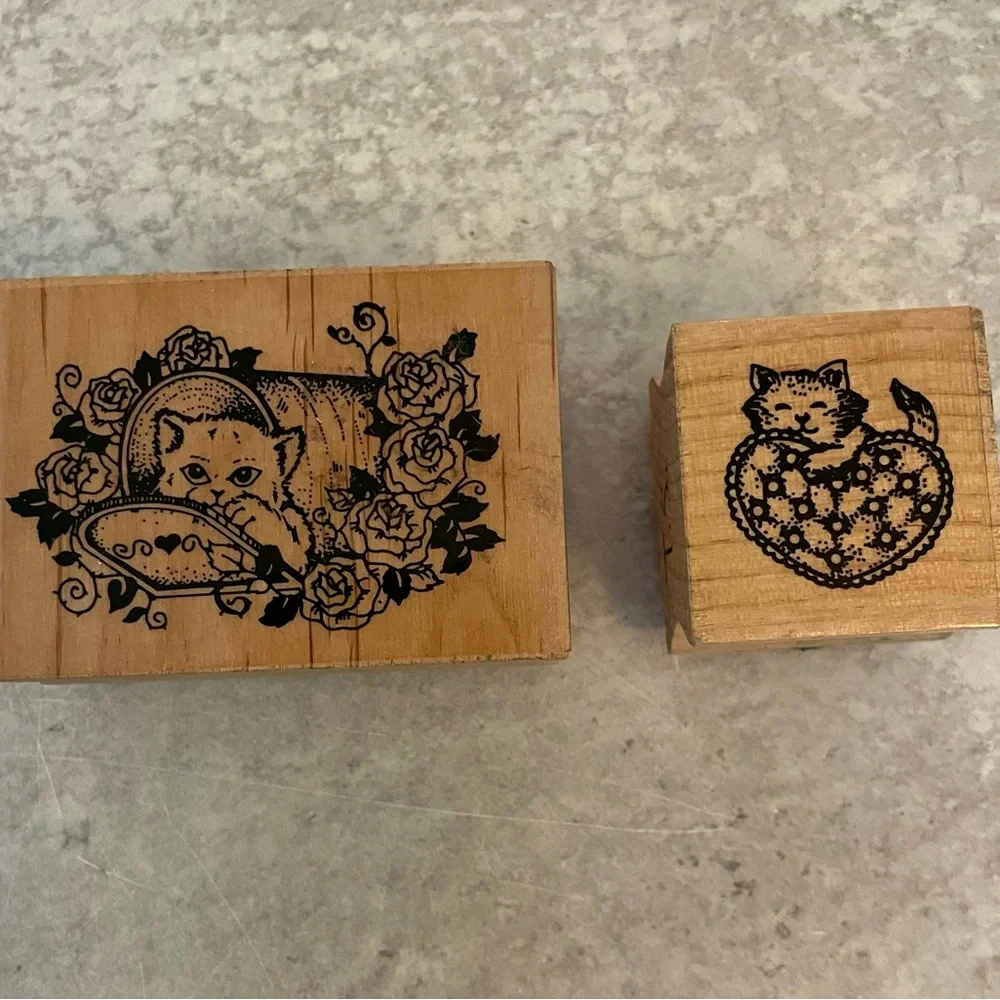 Kitty Cat Wood Rubber Ink Stamps Set/2 Mailbox Heart EUC